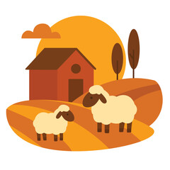 Two sheep standing on yellow hills with farm house, trees, and sun. Flat vector cartoon illustration in warm color palette. Farm animals and countryside concept. Design for poster, card, wallpaper