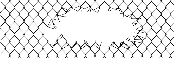 Damaged chain link fence with hole illustration
