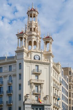 Magnificent Casa del Chavo Building In Valencia With Grand Clock Tower. Ornate Architecture, Historic Landmark, City Center, Spanish Heritage