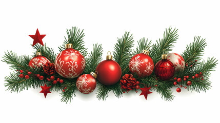 Fototapeta premium Festive Christmas Ornament Border with Pine Branches, Berries, and Star Accents