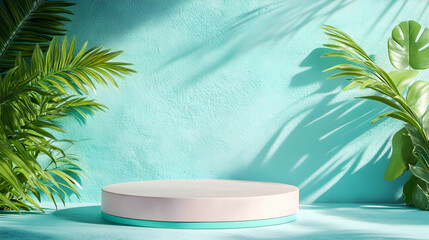 Fototapeta premium Elegant product display podium on a tropical backdrop featuring palm fronds