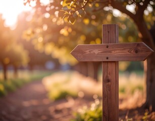 Rustic Wooden Signpost in a Sunlit Orchard Pathway A blank wooden directional sign offers choices