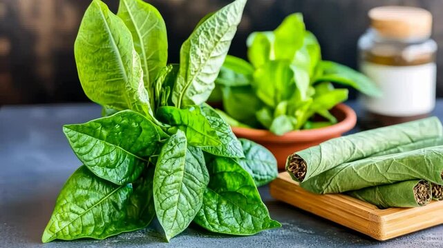 Fresh tobacco leaves and cigars