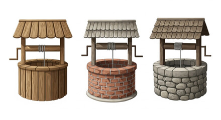 Set of traditional wooden, brick, and stone rural water wells, countryside structures, vector illustration on white background