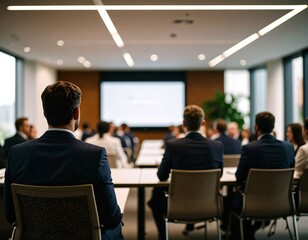 Fototapeta premium Attentive businessman at corporate business meeting conference room presentation seated audience listening to speaker