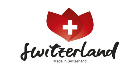 Made in Switzerland logo, sticker. Abstract Switzerland flag and ribbon in shape of leaf flower with handwritten typography lettering