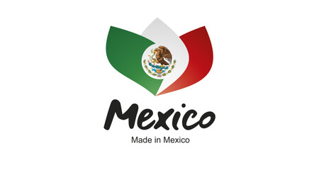 Made in Mexico logo, sticker. Abstract Mexico flag and ribbon in shape of leaf flower with handwritten typography lettering