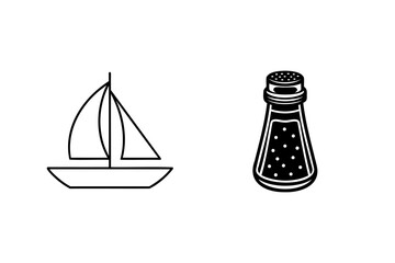 Black and white simple sailboat illustration and salt shaker vector on white background