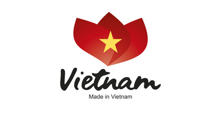 Made in Vietnam logo, sticker. Abstract Vietnam flag and ribbon in shape of leaf flower with handwritten typography lettering