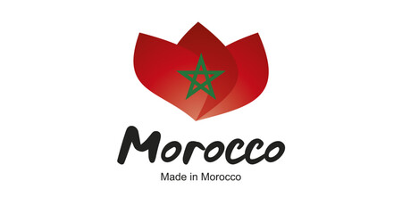 Made in Morocco logo, sticker. Abstract Morocco flag and ribbon in shape of leaf flower with handwritten typography lettering