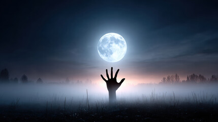Mysterious hand reaches out from foggy landscape under bright full moon, creating eerie and haunting atmosphere. scene evokes feelings of suspense and intrigue, perfect for chilling narrative