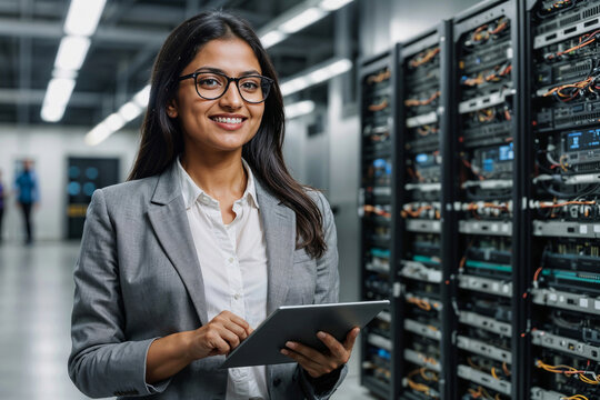 Professional Indian IT specialist woman in a grey jacket and white shirt is holding a tablet in front of a row of computer servers in server room or data center