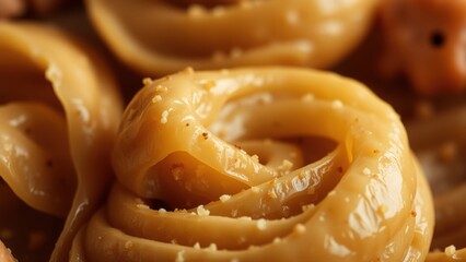 Close-up captivating shot of golden, caramelized pastry, adorned with delicate sprinkles