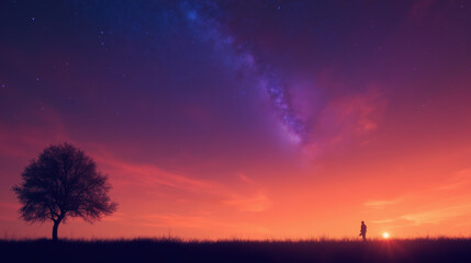 Serene landscape featuring silhouette of person standing near tree against vibrant sunset sky filled with stars and galaxy
