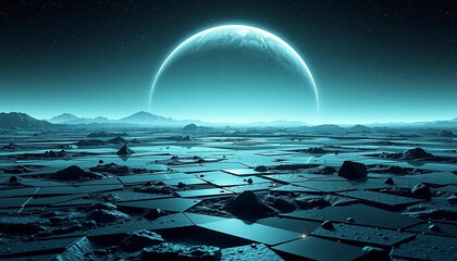 Alien planet's surface rendered in reflective code fragments and geometric terrain.