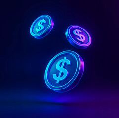 Neon Dollar Coins Floating in Cyberpunk Style