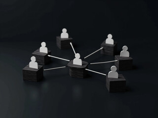 Obraz premium Wooden Cubes Connected with Lines on Blue Background Representing Social Network and Organizational Structure, Illustrating Teamwork, Digital Communication, and Business Collaboration
