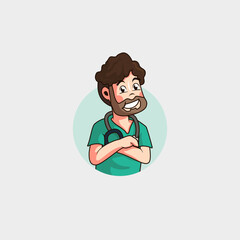 cartoon mascot logo of a handsome young doctor with a beard and curly hair ready to cure you