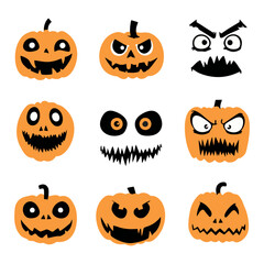 Minimal Halloween face elements set, various pumpkin faces, spooky eyes, mouths, eyebrows, vector pack on white