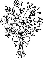 Elegant black and white floral bouquet illustration with detailed outlines and bow accent