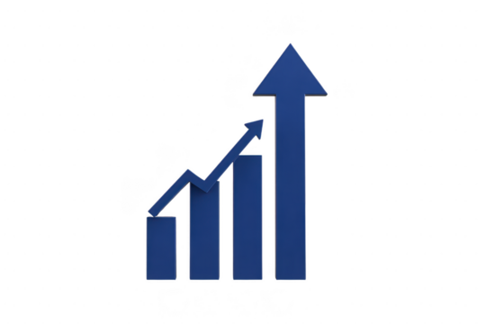 Blue upward arrow and bar graph symbolize growth and success, representing financial progress and business improvement. image conveys sense of achievement and positive development