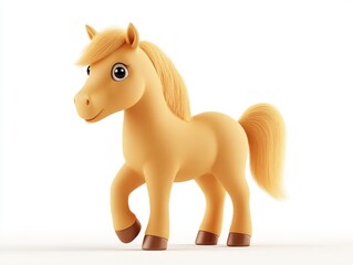 Charming 3D render of a cute light brown cartoon pony with big eyes and a fluffy tail, standing on a white background.
