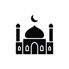 A simple black and white illustration of a mosque with a crescent moon, suitable for use as an icon or symbol.
