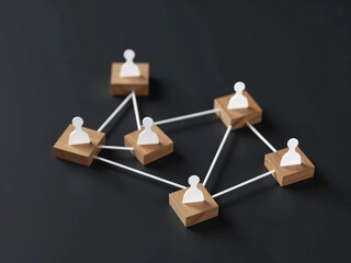 Wooden Cubes Connected with Lines on Blue Background Representing Social Network and Organizational Structure, Illustrating Teamwork, Digital Communication, and Business Collaboration