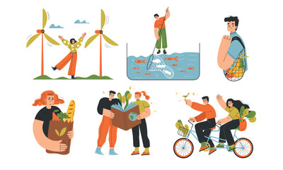 Sustainable Living Illustrations Engaging in Various EcoFriendly Activities and Lifestyles