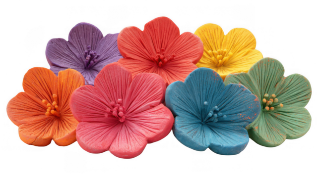 Vibrant and cheerful, these handcrafted clay flowers add a touch of whimsy and color, perfect for various design projects seeking a playful and artistic element with a transparent background