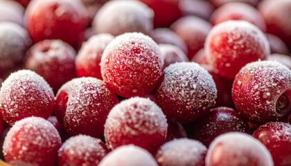 Frozen red cherry covered in frost and ice crystals. Tasty and healthy food. Organic fruit.
