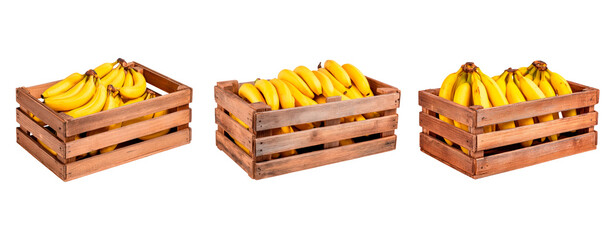 Wooden crates filled with bananas in various arrangements on transparent background, PNG