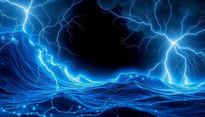 Cyber storm forming from emotional signal waves, fractal lightning striking code towers.