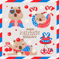 Cute patriotic capybara in 4th of July elements