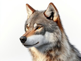Fototapeta premium Detailed close-up of a gray wolf against a snowy white background, showing its intense gaze and thick winter fur. 