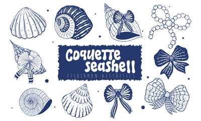 coquette seashell and ribbon bow elements isoleted on white background. Vector illustration.