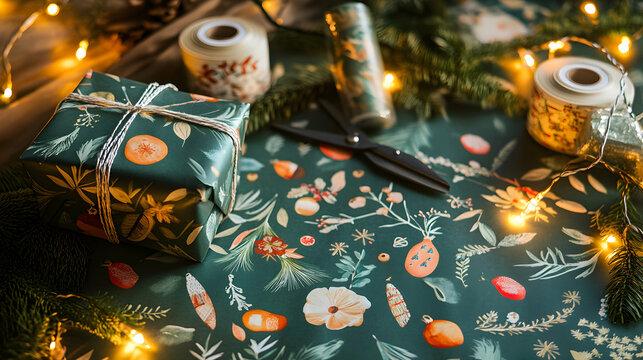 Festive holiday gift wrapping scene with beautiful paper and string lights indoors