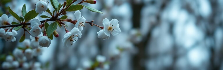Delicate spring blossoms adorn a branch, symbolizing renewal and tranquility with soft focus