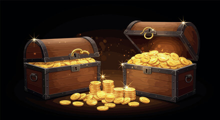 Two treasure chests overflowing with gold coins on black background