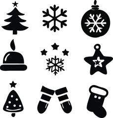 Christmas Vector Icon Set, Background, Black, Isolated