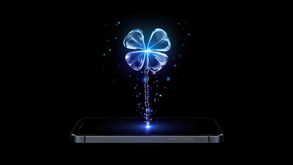 Glowing four leaf clover emerging from smartphone