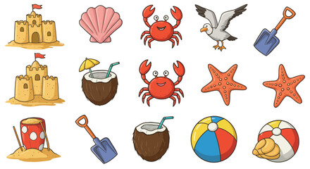 Colorful beach icons featuring sandcastles, crabs, starfish, coconuts, and beach balls