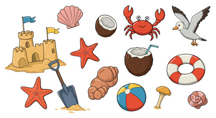 Beach objects: sandcastle, starfish, crab, coconut, seagull, lifebuoy, beach ball