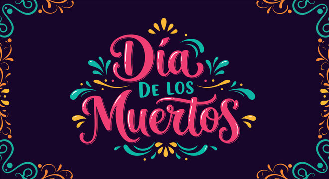 Colorful d&iacute;a de los muertos decorative typography on dark background