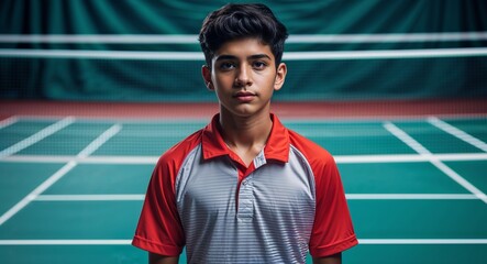 teen latin guy in badminton court background sports concept uniform portrait model photoshoot