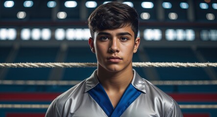 teen latin guy in wrestling arena background sports concept uniform portrait model photoshoot