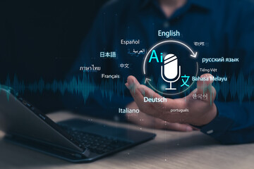 AI translates languages ​​from sound waves with online application systems. Technology for communicating important languages ​​in business and trade, negotiations, language translation applications.