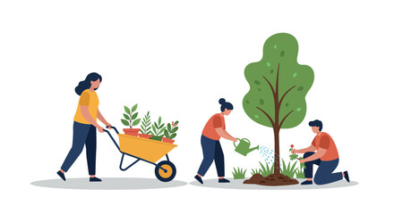 Diverse people engaged in gardening activities: planting and watering trees and plants outdoors