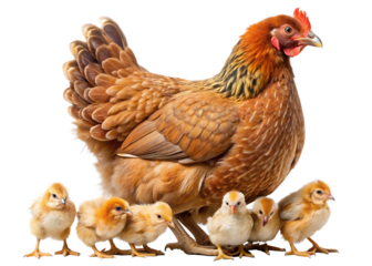 Hen with its chicks isolated on transparent background, PNG