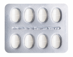 A pack of white pills in a clear bottle with a labeled cap on a soft surface for medical or pharmaceutical use in a clinical setting isolate on transparent background